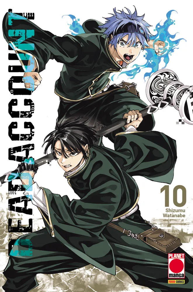 Copertina del decimo volume in italiano del manga 'Dead Account' di Shizumu Watanabe, edito da Panini Planet Manga. L'illustrazione mostra due giovani esorcisti in divisa verde scuro in posa da combattimento: in alto un ragazzo con capelli blu e fiamme azzurre, in basso un ragazzo con capelli neri che brandisce un'arma a bastone.