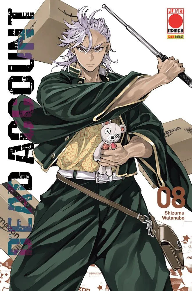 Copertina del manga Dead Account Vol. 8, edito da Panini Planet Manga. L'illustrazione mostra in primo piano un giovane ragazzo dallo sguardo severo e concentrato, con capelli chiari tendenti al lilla. Il personaggio indossa una divisa scolastica verde scuro sbottonata che lascia intravedere una camicia gialla a motivi circolari. Con una mano stringe al petto un piccolo e inquietante orsacchiotto di peluche bianco (con un occhio a croce), mentre con l'altra impugna saldamente un lungo manganello.