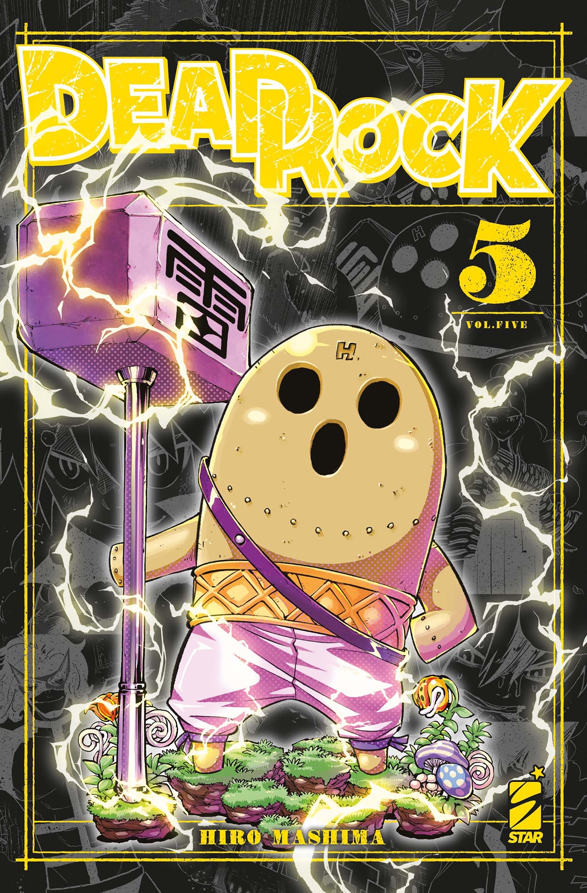Copertina del quinto volume del manga 'Dead Rock' di Hiro Mashima, edito da Star Comics. L'illustrazione con cornice nera e dettagli gialli ritrae in primo piano un bizzarro personaggio dorato con elmo stante su una zolla d'erba sospesa, mentre impugna un grande martello viola marcato da un ideogramma e circondato da luminose scariche elettriche, affiancato dal titolo 'DEAD ROCK' in lettere gialle, dal numero 5 e dal logo Star Comics.   