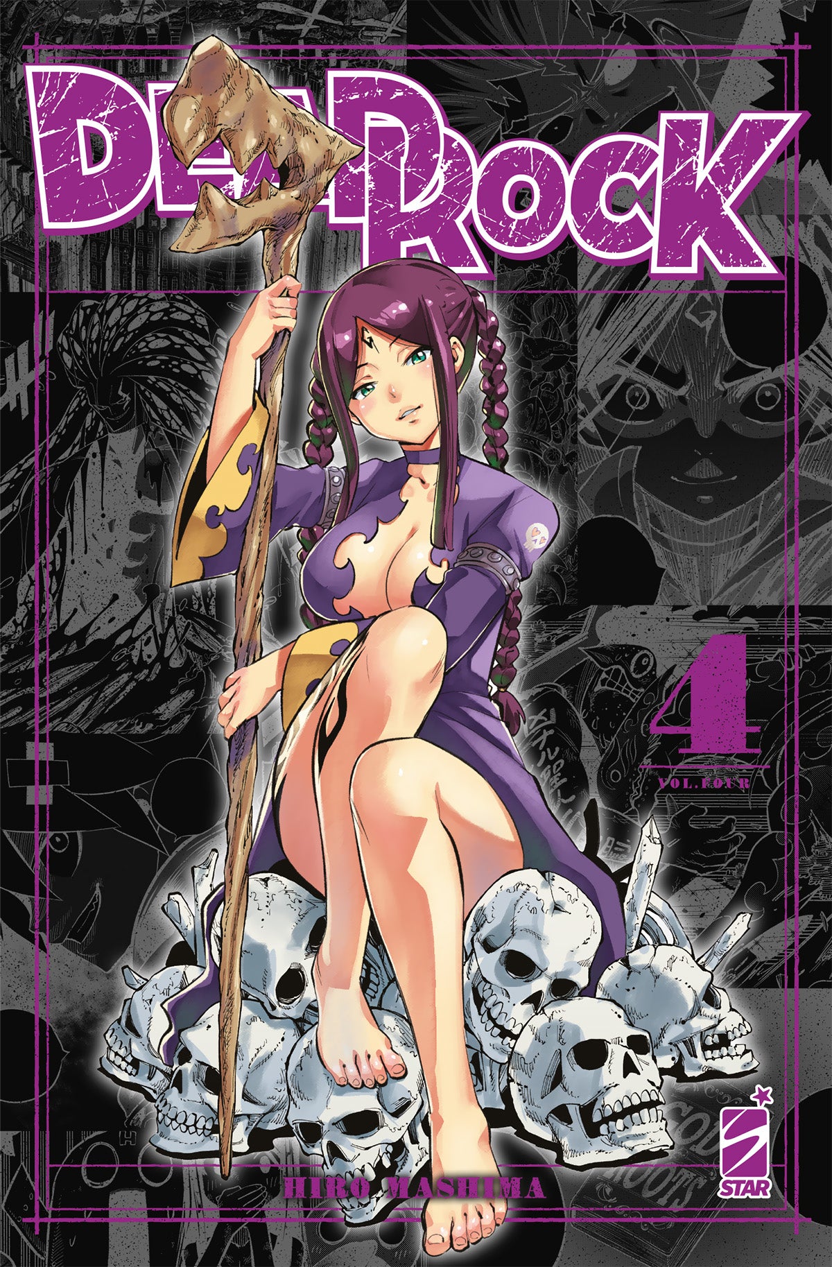 Copertina del manga Dead Rock volume 4. In primo piano una ragazza con trecce e vestito viola siede in posa provocante su una pila di teschi umani, impugnando un bastone ricavato da un osso. Lo sfondo è composto da un collage di vignette manga in bianco e nero.