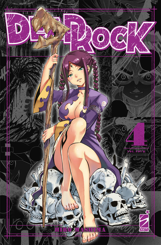 Copertina del manga Dead Rock volume 4. In primo piano una ragazza con trecce e vestito viola siede in posa provocante su una pila di teschi umani, impugnando un bastone ricavato da un osso. Lo sfondo è composto da un collage di vignette manga in bianco e nero.