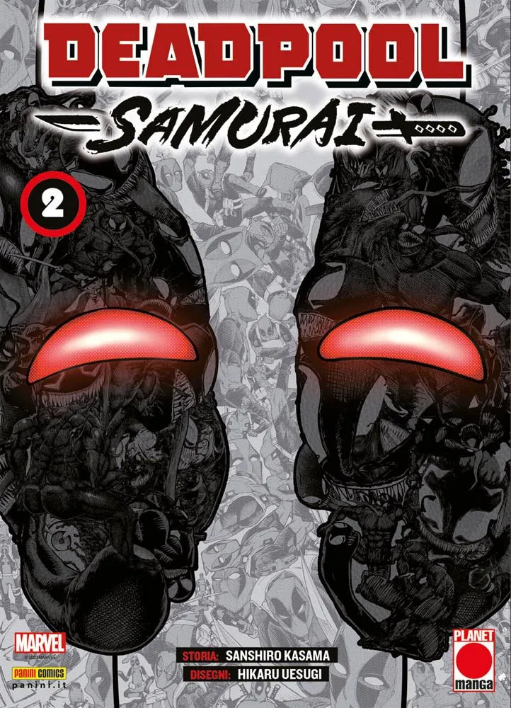 Copertina Variant del manga Deadpool Samurai Vol. 2. (Nota: poiché le cover Variant possono variare, ti consiglio di descrivere qui l'illustrazione specifica che hai a disposizione. Ad esempio: "L'illustrazione esclusiva mostra Deadpool in una posa parodistica e dinamica, circondato dai villain Marvel.") In evidenza il titolo della serie, i crediti degli autori e i loghi ufficiali Marvel e Planet Manga.