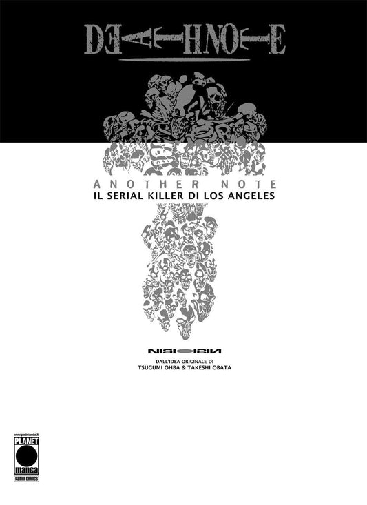 Copertina del romanzo Death Note Another Note; design minimalista in bianco e nero. Al centro, una forma astratta simile a un teschio o una macchia di Rorschach composta da numerosi teschi più piccoli. In alto il logo Death Note, in basso titolo e autori.