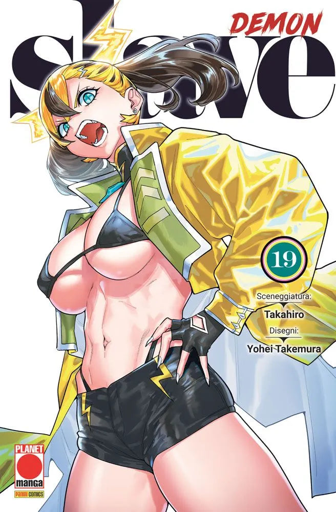 Copertina del manga Demon Slave Vol. 19; in primo piano la combattente Tenka Izumo con capelli biondi e neri raccolti, indossa una giacca gialla oversize aperta su un bikini nero e shorts. Ha un'espressione feroce e urla con determinazione.