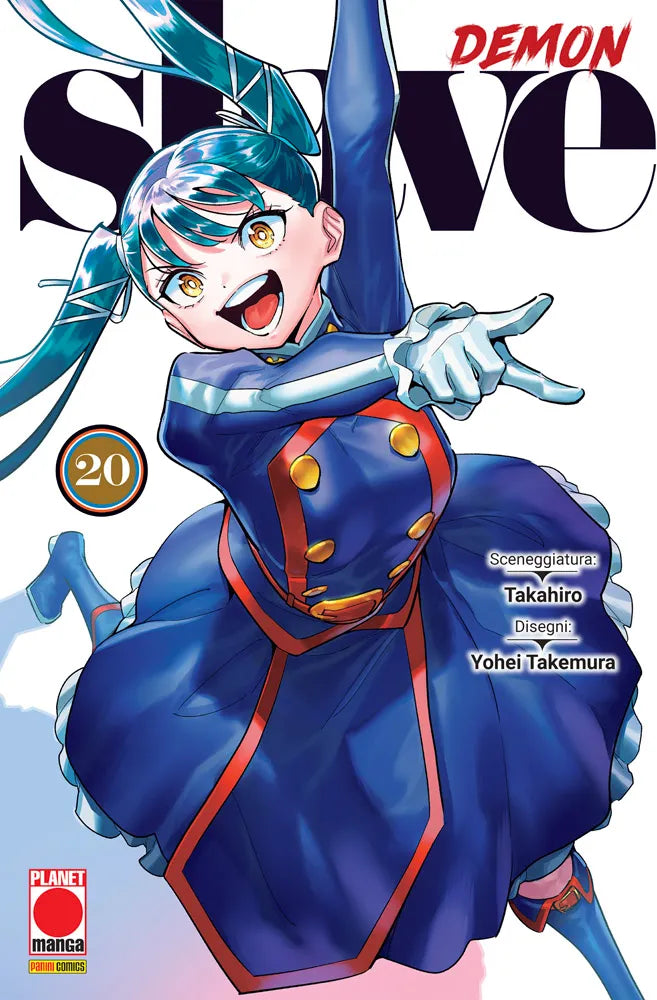 Copertina del ventesimo volume del manga Demon Slave, che mostra in primo piano un personaggio femminile dai lunghi capelli azzurri legati in code alte, ritratto in una posa dinamica e sorridente mentre indossa un'uniforme militare blu con dettagli rossi e bottoni dorati.