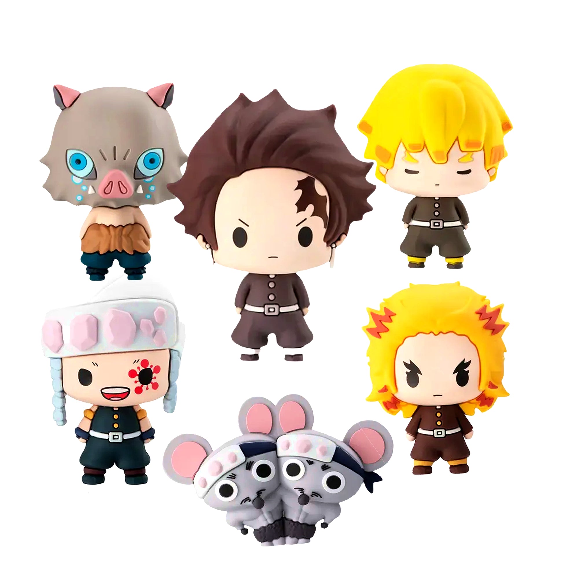 Set di 6 mini figure stile chibi della linea Chokorin Mascot di Demon Slayer, che raffigura Tanjiro sorridente, Zenitsu in lacrime, Inosuke con maschera, Rengoku, Tengen Uzui con bende in testa e una coppia di Topi Muscolosi.