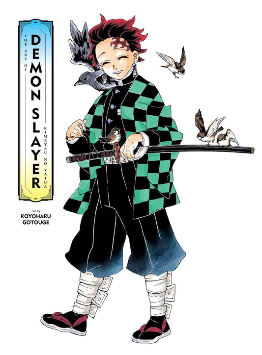 Copertina dell'artbook di Demon Slayer intitolato Nel Corso del Tempo. Al centro campeggia il personaggio di Tanjiro Kamado sorridente, con i capelli scuri dalle sfumature bordeaux, che indossa il suo tipico haori a scacchi verdi e neri e impugna una katana su cui si posano dei piccoli uccellini. Sulla sinistra è presente una targa decorativa verticale azzurra e oro con la scritta Demon Slayer.