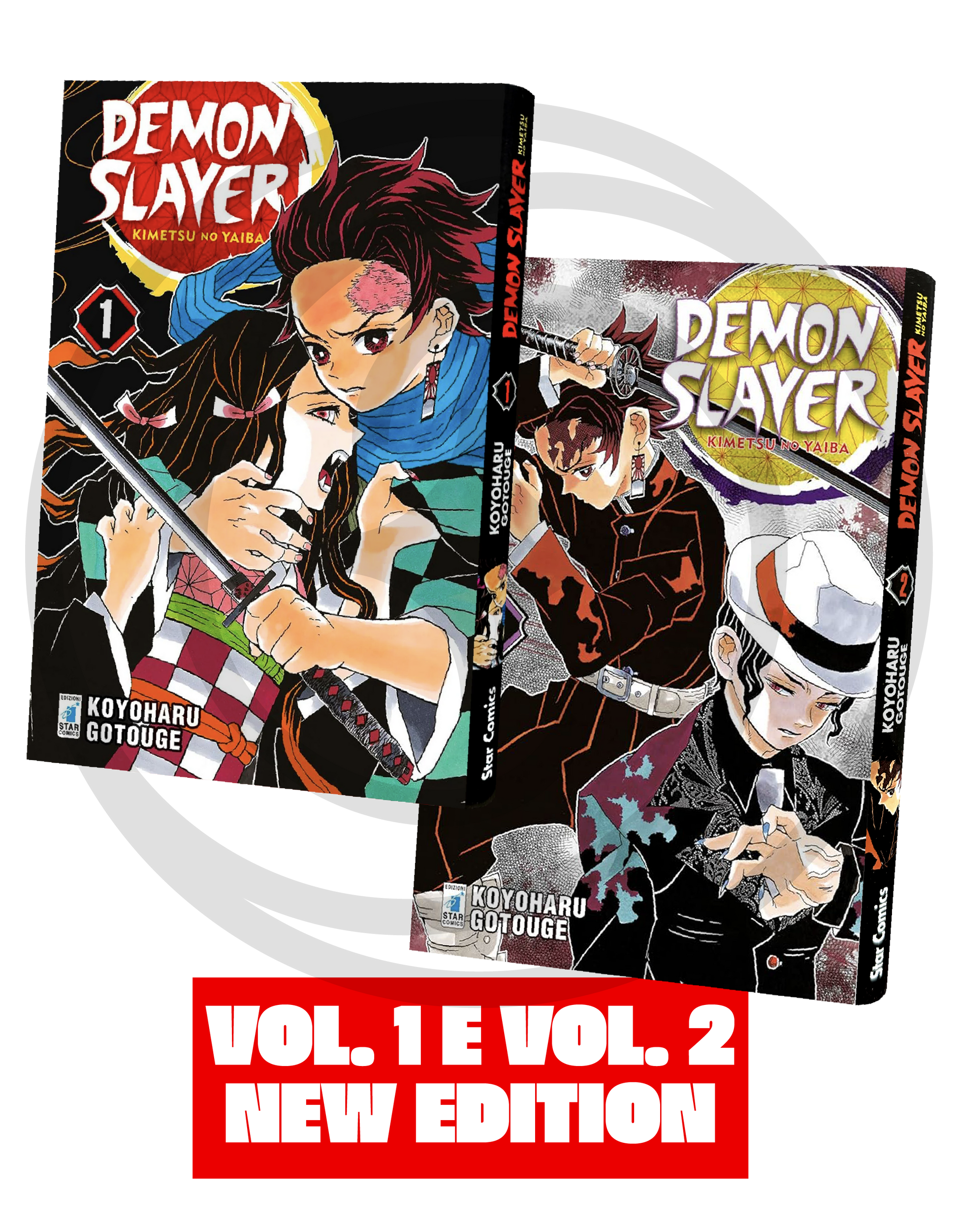 Grafica promozionale con le copertine dei volumi 1 e 2 di Demon Slayer New Edition su sfondo nero e un riquadro rosso in basso con la scritta bianca "VOL. 1 E VOL. 2 NEW EDITION".