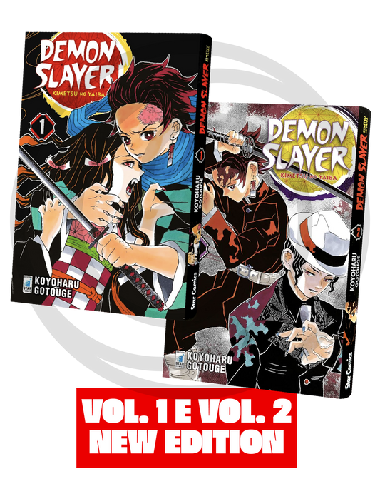 Grafica promozionale con le copertine dei volumi 1 e 2 di Demon Slayer New Edition su sfondo nero e un riquadro rosso in basso con la scritta bianca "VOL. 1 E VOL. 2 NEW EDITION".