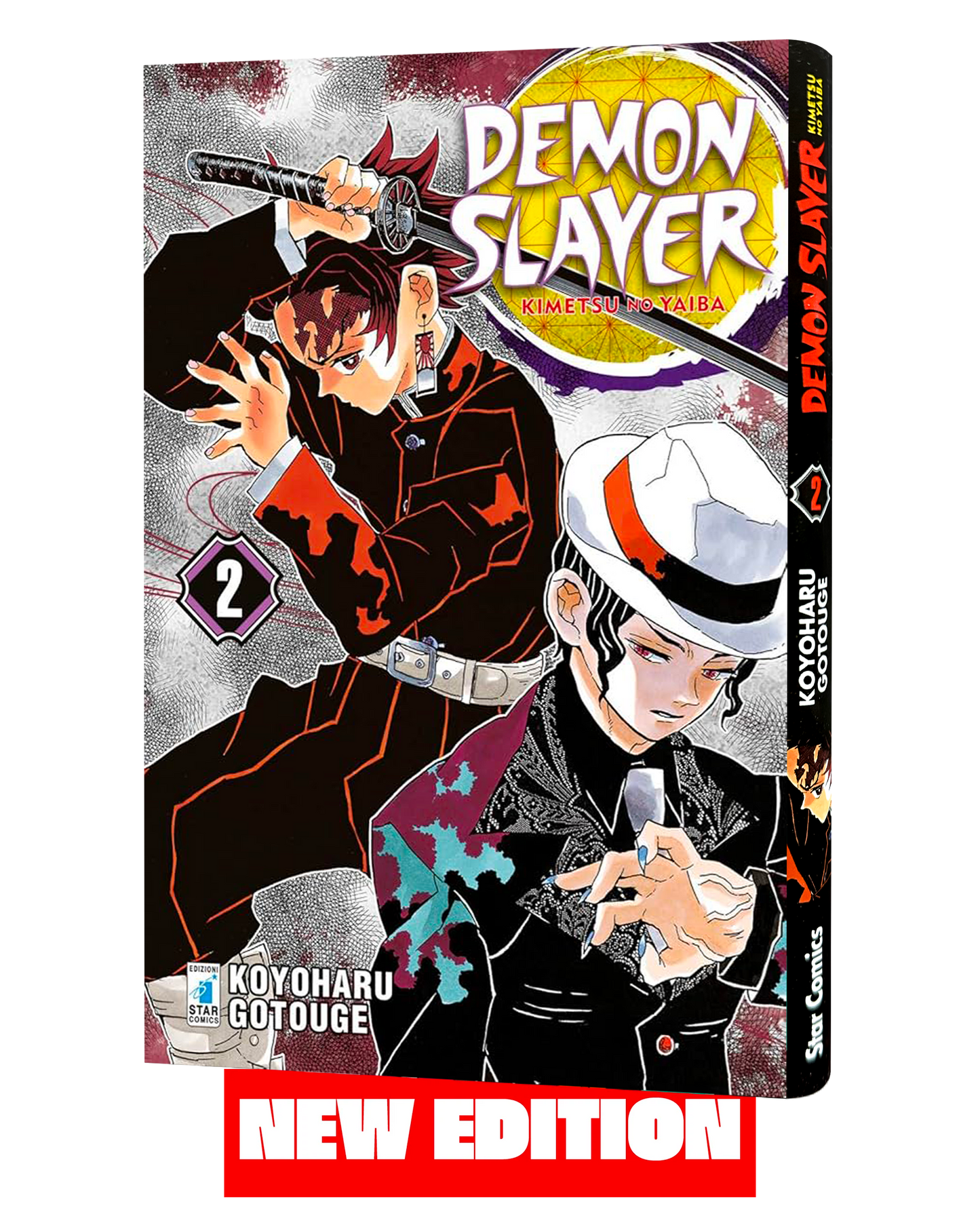 Copertina del secondo volume di Demon Slayer New Edition, raffigurante Tanjiro Kamado mentre impugna la katana e Muzan Kibutsuji in primo piano con cappello bianco e abito scuro.