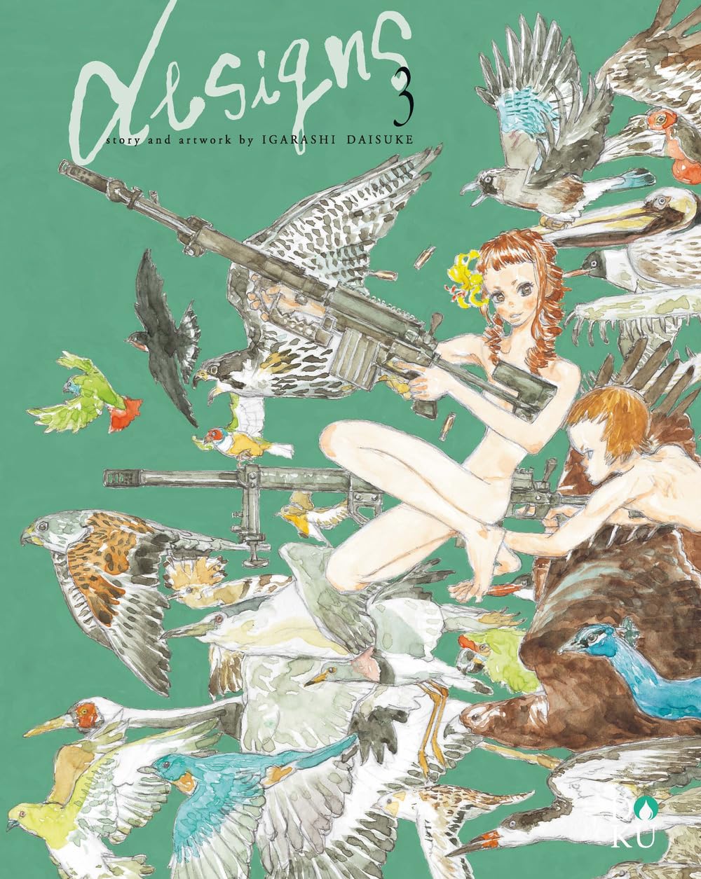 Copertina di Designs Vol. 3 (Coconino Press). Su sfondo verde salvia, una ragazza umanoide punta un fucile di precisione, circondata da un grande stormo di uccelli esotici e rapaci in volo.