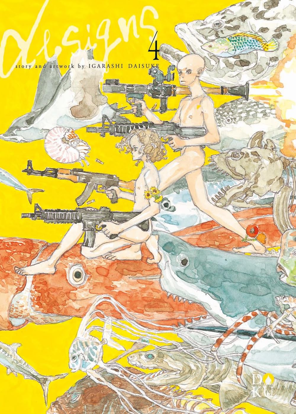 Copertina di Designs Vol. 4 (Coconino Press). Su sfondo giallo brillante, due figure umanoidi armate di fucili d'assalto corrono immerse tra varie creature marine, tra cui uno squalo e un calamaro gigante.