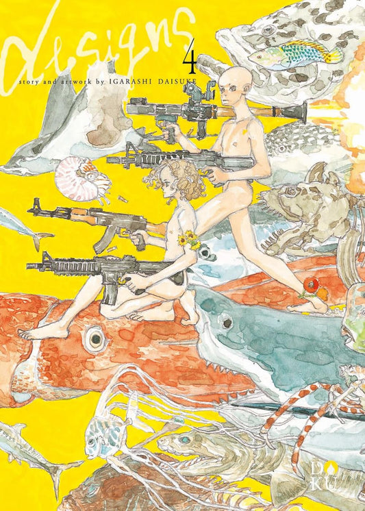 Copertina di Designs Vol. 4 (Coconino Press). Su sfondo giallo brillante, due figure umanoidi armate di fucili d'assalto corrono immerse tra varie creature marine, tra cui uno squalo e un calamaro gigante.