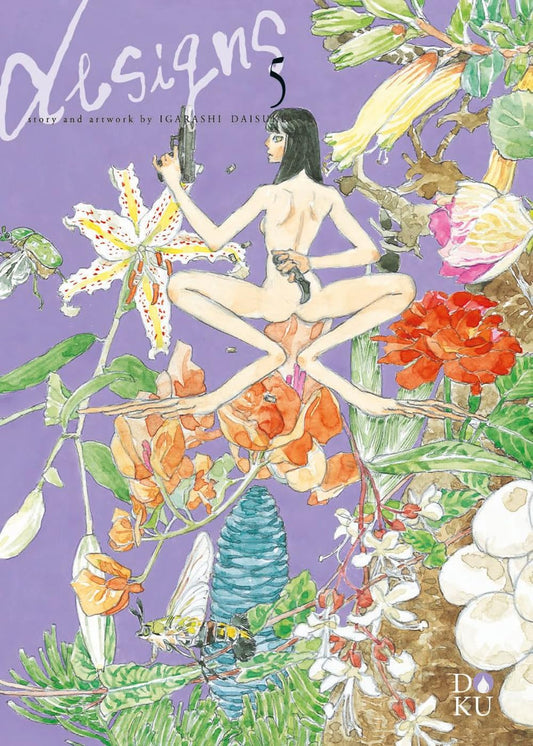 Copertina di Designs Vol. 5 (Coconino Press). Su sfondo viola, una figura umanoide con zampe da rana impugna armi da fuoco accovacciata tra grandi fiori colorati e insetti.