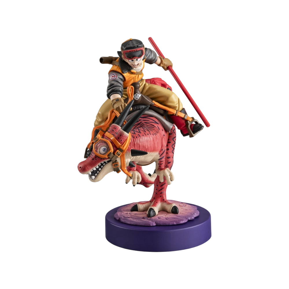 Statua da collezione Desktop Real McCoy Son Goku Limited Edition di MegaHouse dedicata a Dragon Ball Z. L'illustrazione tridimensionale ritrae Son Goku in abiti da esploratore con occhialoni e bastone Nyoibo a cavallo di un dinosauro rettile striato di rosso e rosa con occhiali protettivi, posizionato su una base circolare viola.