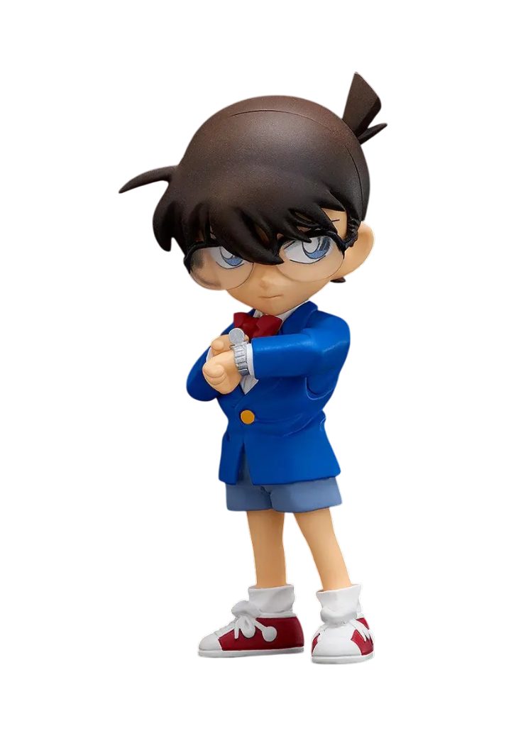 Statuetta da collezione figFIX di Conan Edogawa dall'anime 'Detective Conan', prodotta da Good Smile Company e FREEing. L'illustrazione su sfondo nero ritrae il personaggio in giacca blu, bermuda e papillon rosso mentre punta l'orologio anestetizzante del polso sinistro.