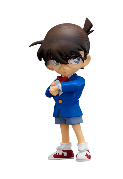 Statuetta da collezione figFIX di Conan Edogawa dall'anime 'Detective Conan', prodotta da Good Smile Company e FREEing. L'illustrazione su sfondo nero ritrae il personaggio in giacca blu, bermuda e papillon rosso mentre punta l'orologio anestetizzante del polso sinistro.