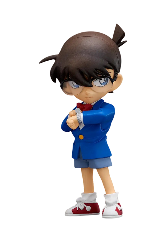 Statuetta da collezione figFIX di Conan Edogawa dall'anime 'Detective Conan', prodotta da Good Smile Company e FREEing. L'illustrazione su sfondo nero ritrae il personaggio in giacca blu, bermuda e papillon rosso mentre punta l'orologio anestetizzante del polso sinistro.