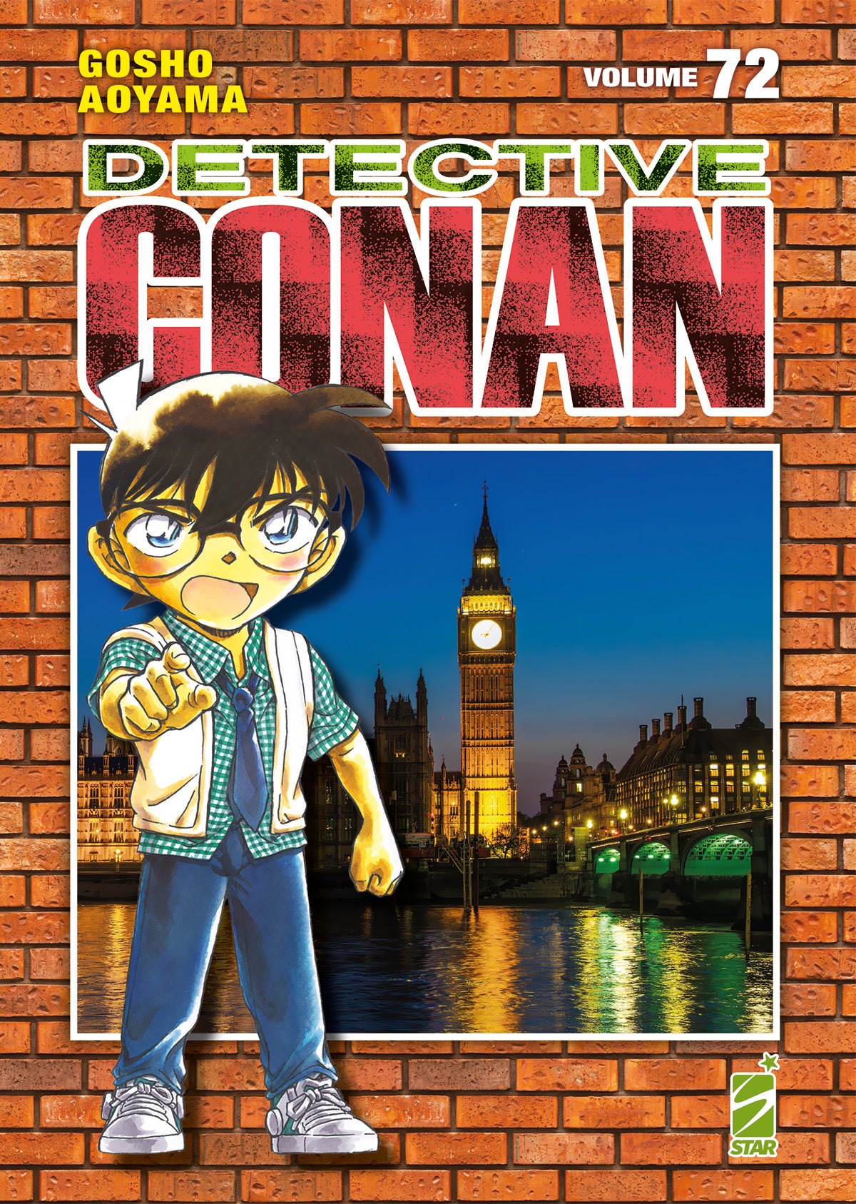 Copertina del volume 72 del manga Detective Conan New Edition. L'illustrazione, inserita sul classico sfondo a mattoni arancioni della serie, mostra Conan Edogawa in primo piano mentre punta con decisione il dito in avanti. Alle sue spalle si staglia una suggestiva veduta notturna di Londra, con il Big Ben e il Palazzo di Westminster illuminati dalle luci cittadine che si riflettono sul fiume Tamigi. In basso a destra compare il logo di Star Comics.