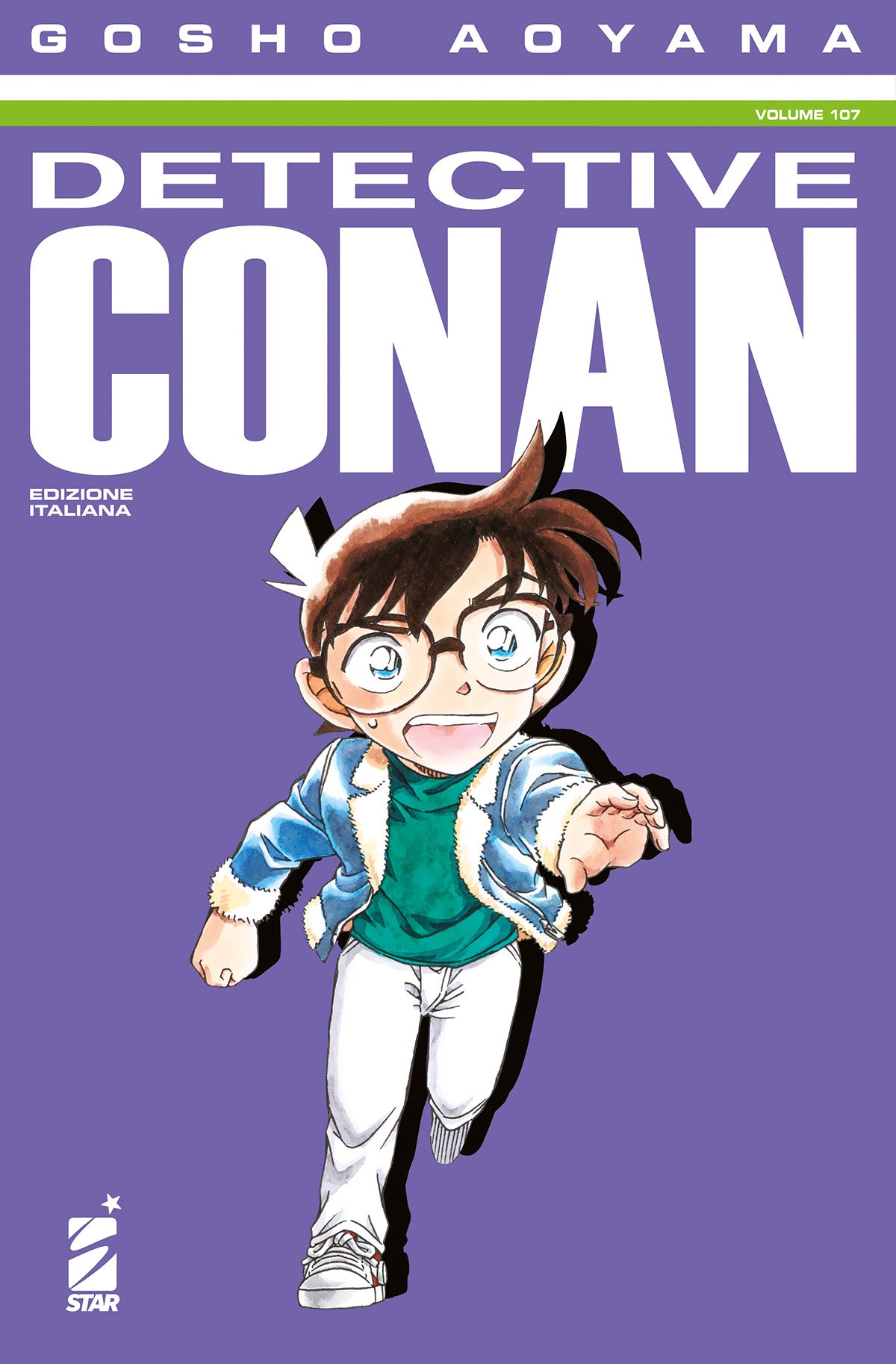 Copertina del manga Detective Conan volume 107 edito da Star Comics; l'illustrazione di Gosho Aoyama ritrae Conan Edogawa e i personaggi chiave delle indagini del volume.