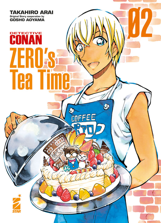 Copertina del secondo volume in italiano del manga 'Detective Conan - Zero's Tea Time' di Takahiro Arai e Gosho Aoyama, edito da Star Comics. L'illustrazione su uno sfondo a mattoncini rosa ritrae in primo piano Toru Amuro con capelli biondi e grembiule blu del Caffè Poirot mentre solleva una cloche d'argento rivelando una ricca torta decorata con frutta fresca e biscotti raffiguranti Conan Edogawa e un gattino, sormontato dal titolo DETECTIVE CONAN ZERO'S TEA TIME in arancione e bianco, dal numero 02 in al