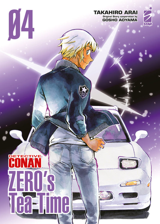 Copertina del quarto volume in italiano del manga 'Detective Conan - Zero's Tea Time' di Takahiro Arai e Gosho Aoyama, edito da Star Comics. L'illustrazione su uno sfondo sfumato sui toni del viola impreziosito da un bagliore a stella ritrae in primo piano Toru Amuro visto di spalle con giacca scura e jeans mentre si volta sorridente, posizionato davanti alla sua iconica auto sportiva Mazda RX-7 bianca, sormontati dal titolo DETECTIVE CONAN ZERO'S TEA TIME in viola e bianco, dal numero 04 in alto a sinistra