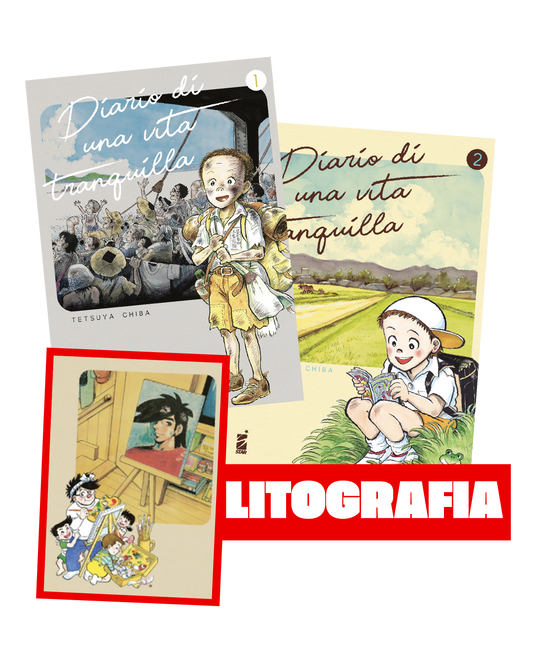 Grafica promozionale del bundle Diario di una vita tranquilla Vol. 1-2 su sfondo nero. Mostra le copertine dei primi due volumi dell'opera, con le illustrazioni di un bambino con uno zaino in spalla e di un bambino seduto nell'erba intento a leggere, affiancate in basso a sinistra da un'esclusiva litografia da collezione e dalla scritta "LITOGRAFIA" in bianco su un riquadro rosso.