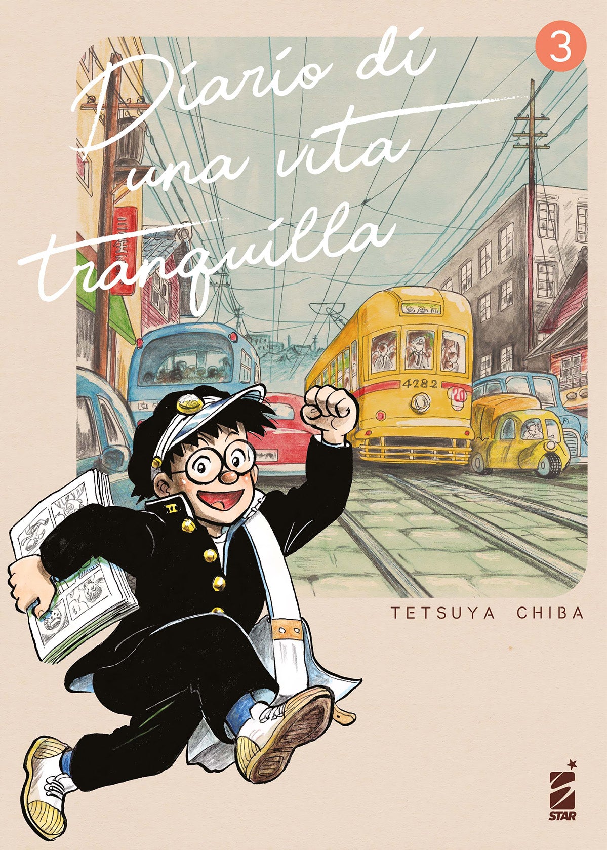 Copertina del manga Diario Di Una Vita Tranquilla Vol. 3 di Tetsuya Chiba edito da Star Comics con lo studente che corre tenendo dei fumetti in mano.   