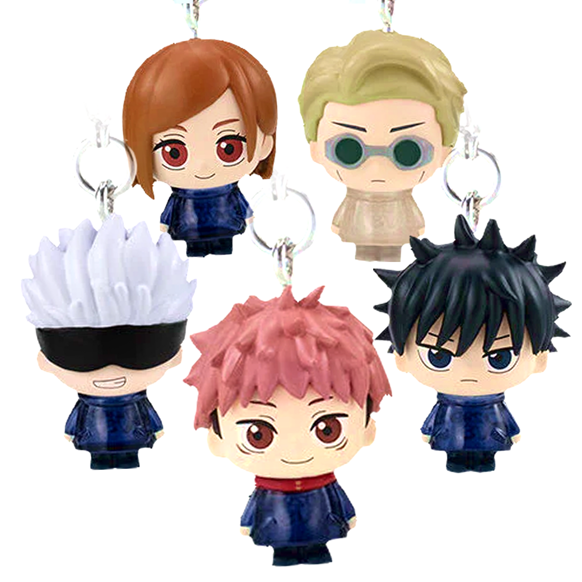 Immagine promozionale di 8 ciondoli gashapon della serie Digimon disposti su uno sfondo bianco pulito. Tutti i personaggi sono raffigurati a mezzo busto, intenti a uscire dai loro tipici gusci di Digi-Uovo. Al centro domina Agumon, che spunta dal suo uovo arancione decorato con strisce blu ondulate. Attorno a lui, partendo dall'alto a sinistra in senso orario, troviamo: Biyomon in un uovo rosa con cuori rossi, Gomamon in un uovo bianco con macchie azzurre, Tentomon in un uovo viola decorato con stelle.