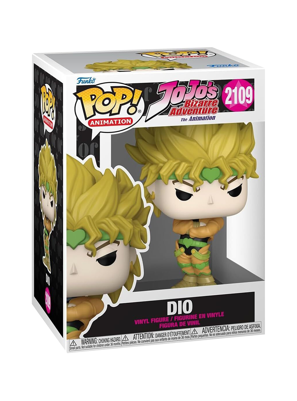 Funko POP! Animation numero 2109 di DIO (Dio Brando) da JoJo's Bizarre Adventure, con il suo completo giallo, braccia incrociate e un'espressione di sfida arrogante.