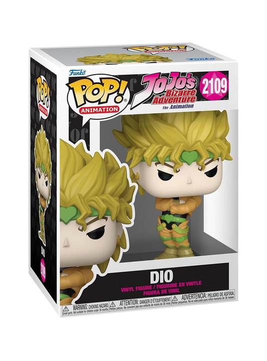 Funko POP! Animation numero 2109 di DIO (Dio Brando) da JoJo's Bizarre Adventure, con il suo completo giallo, braccia incrociate e un'espressione di sfida arrogante.