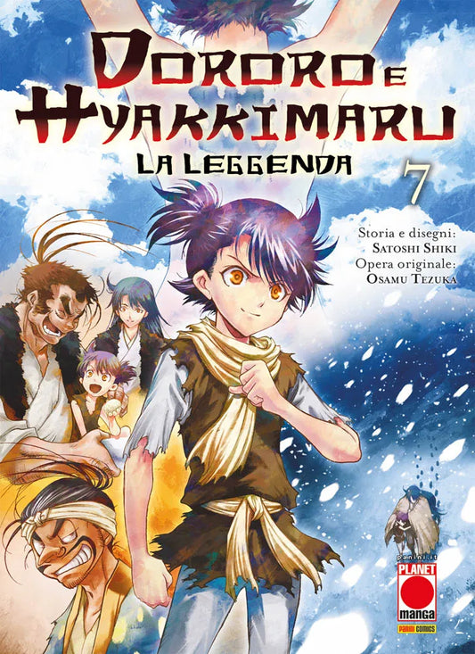 Copertina del manga Dororo e Hyakkimaru - La Leggenda volume 7. Al centro, in primo piano, il giovane Dororo sorride con aria fiduciosa e combattiva, indossando abiti logori e una sciarpa. Sullo sfondo, diviso tra un cielo nuvoloso e una bufera di neve, si ergono la gigantesca sagoma diafana di Hyakkimaru a braccia alzate e i volti di diversi personaggi secondari sulla sinistra.