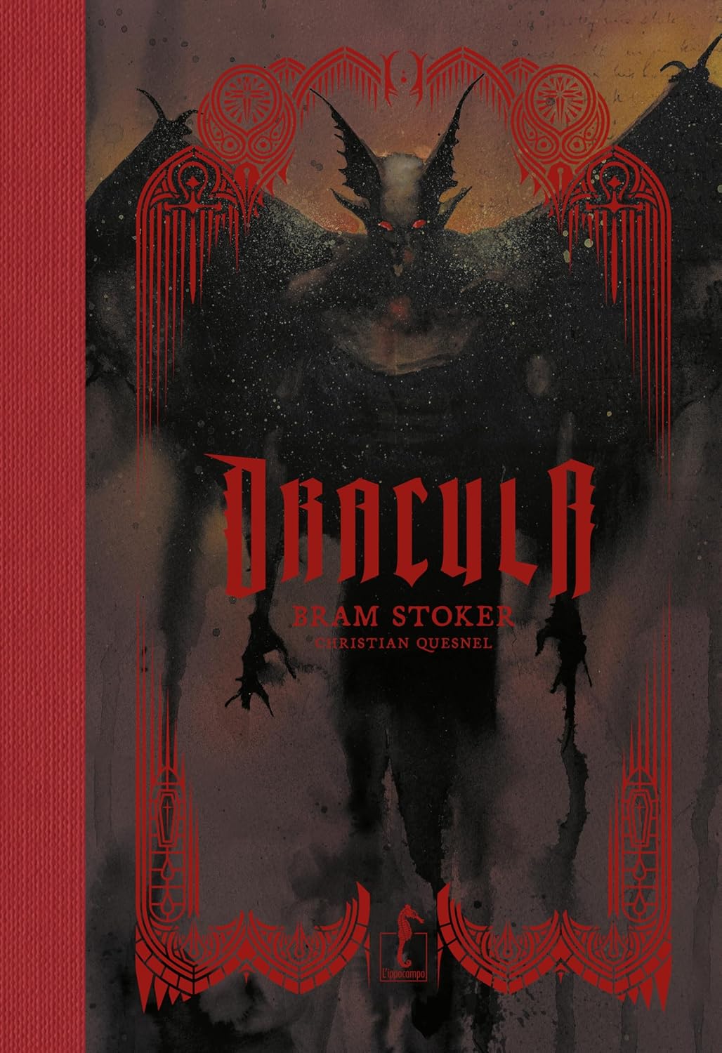Copertina del libro illustrato Dracula di Bram Stoker edito da L'Ippocampo con un'imponente sagoma demoniaca alata e dettagli in rosso.   