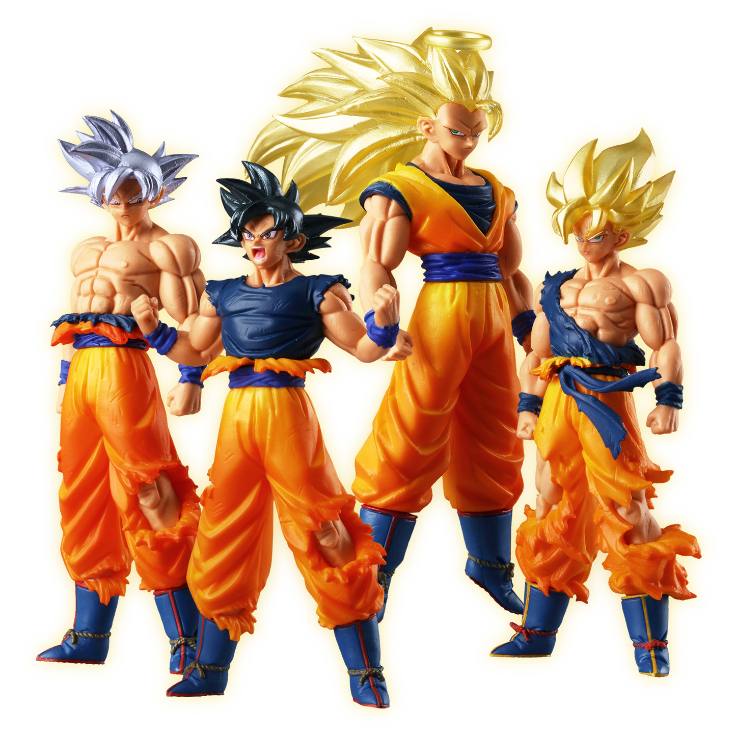 Set di quattro minifigure da collezione di Son Goku dall'anime Dragon Ball prodotte da Bandai per la linea Gashapon Goku Edition 1. L'immagine su sfondo nero mostra Goku in quattro differenti trasformazioni: Ultra Instinct con capelli argento, forma base mentre urla, Super Saiyan 3 con lunghi capelli biondi ed aureola, e Super Saiyan con gi lacerato da battaglia.