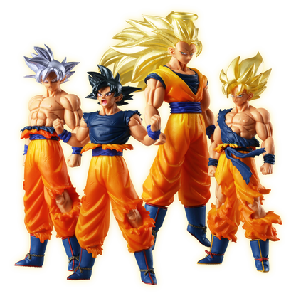 Set di quattro minifigure da collezione di Son Goku dall'anime Dragon Ball prodotte da Bandai per la linea Gashapon Goku Edition 1. L'immagine su sfondo nero mostra Goku in quattro differenti trasformazioni: Ultra Instinct con capelli argento, forma base mentre urla, Super Saiyan 3 con lunghi capelli biondi ed aureola, e Super Saiyan con gi lacerato da battaglia.