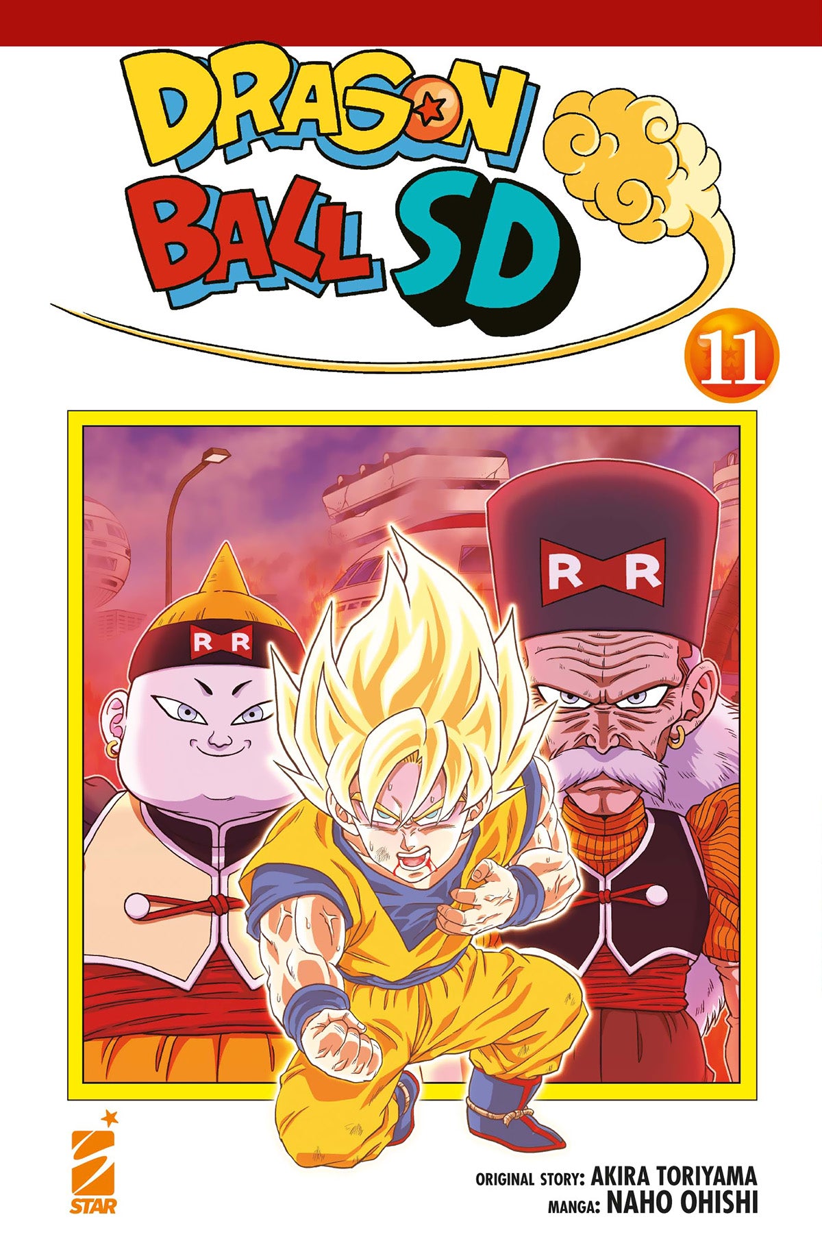 Copertina del manga Dragon Ball SD volume 11. In primo piano Goku trasformato in Super Saiyan si tiene il petto con un'espressione sofferente. Alle sue spalle incombono le minacciose figure dei cyborg C-19, pallido e in carne, e del Dr. Gelo (C-20), anziano con lunghi baffi bianchi, entrambi con il simbolo dell'Esercito del Fiocco Rosso (Red Ribbon) ben visibile sui loro cappelli.