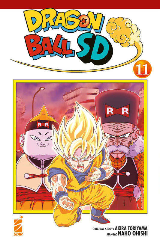 Copertina del manga Dragon Ball SD volume 11. In primo piano Goku trasformato in Super Saiyan si tiene il petto con un'espressione sofferente. Alle sue spalle incombono le minacciose figure dei cyborg C-19, pallido e in carne, e del Dr. Gelo (C-20), anziano con lunghi baffi bianchi, entrambi con il simbolo dell'Esercito del Fiocco Rosso (Red Ribbon) ben visibile sui loro cappelli.