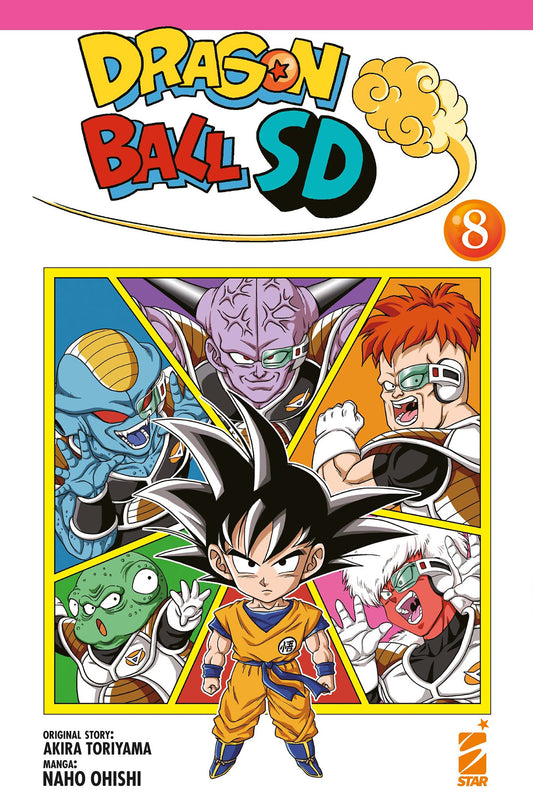 Goku in versione "chibi" (SD) che vola o si prepara al combattimento, con lo sfondo del pianeta Namecc e probabilmente i membri della Squadra Ginew in posa comica, sulla copertina di Dragon Ball SD Vol. 8.