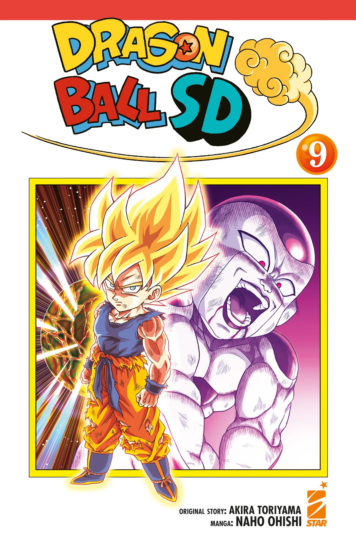 Copertina del manga Dragon Ball SD Vol. 9; in primo piano Goku in versione chibi trasformato in Super Saiyan con capelli biondi e sguardo serio, sullo sfondo il volto di Freezer che urla.