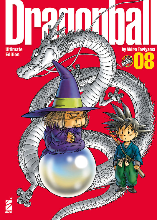 Copertina del manga Dragon Ball Ultimate Edition Vol. 8. Su uno sfondo rosso acceso campeggia il drago Shenron disegnato in bianco e nero. In primo piano, a colori, ci sono la chiaroveggente Baba (Vecchia Sibilla) vestita di viola con un grande cappello da strega, seduta su una gigantesca sfera di cristallo fluttuante, e il piccolo Goku alla sua destra, con indosso un completo blu e verde e il bastone magico legato dietro la schiena.