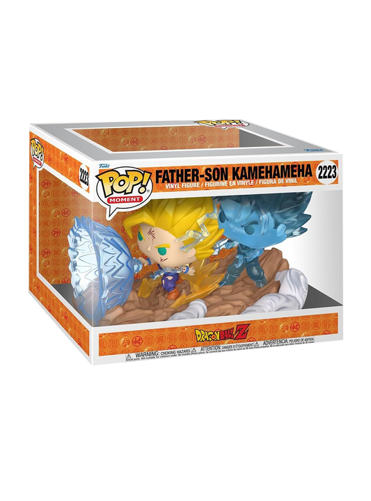Funko POP! Deluxe di Gohan Super Saiyan 2 ferito che lancia la Kamehameha; alle sue spalle appare lo spirito di Goku realizzato in vinile blu traslucido.