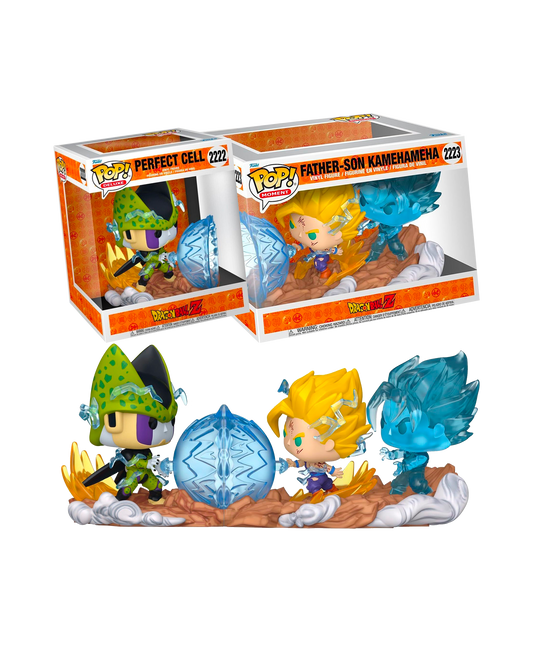 Diorama composto da due Funko POP! Deluxe di Dragon Ball Z posizionati l'uno di fronte all'altro per ricreare lo scontro finale dei Cell Games. A sinistra, Gohan Super Saiyan 2 ferito lancia la Father-Son Kamehameha supportato dallo spirito di Goku (traslucido); a destra, Perfect Cell risponde caricando la sua onda energetica su una base rocciosa.