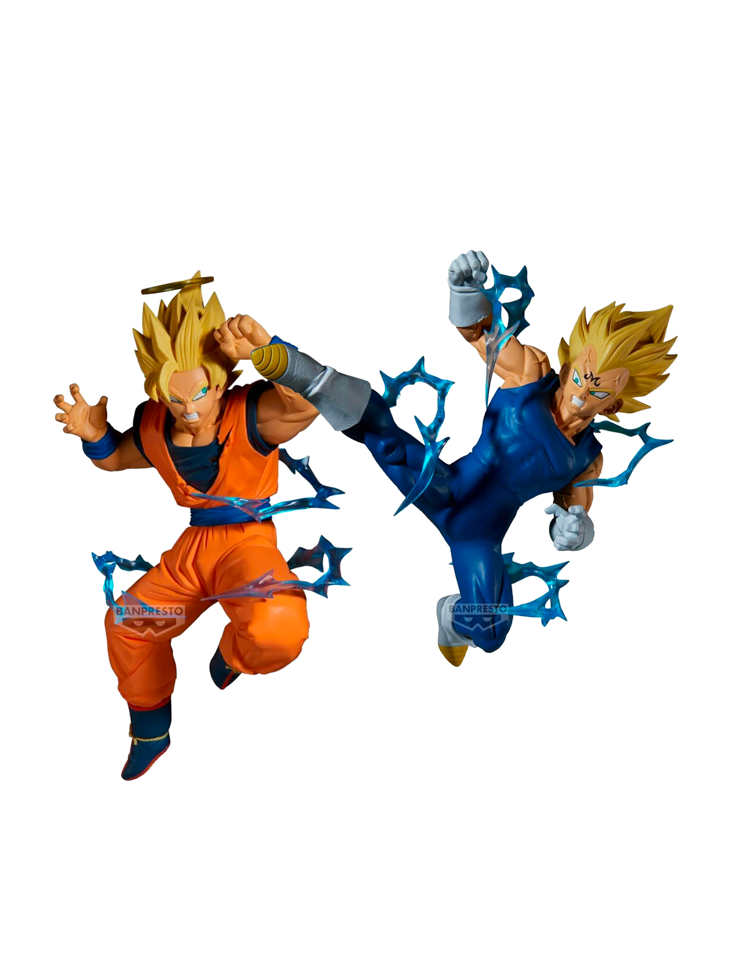 Figure Match Makers di Banpresto raffiguranti Super Saiyan 2 Goku e Majin Vegeta di Dragon Ball Z a mezz'aria in posa da combattimento, avvolti da effetti di fulmini blu.