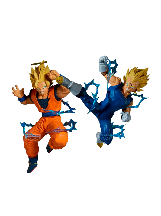 Figure Match Makers di Banpresto raffiguranti Super Saiyan 2 Goku e Majin Vegeta di Dragon Ball Z a mezz'aria in posa da combattimento, avvolti da effetti di fulmini blu.