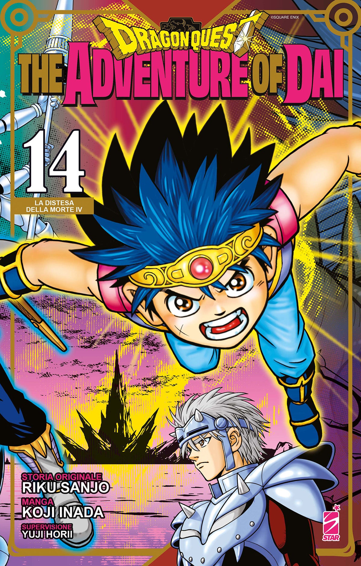 Copertina del quattordicesimo volume in italiano del manga 'Dragon Quest - The Adventure Of Dai' di Riku Sanjo e Koji Inada, edito da Star Comics. L'illustrazione con cornice dorata ritrae in alto il protagonista Dai che si lancia all'attacco con capelli blu ed espressione grintosa, e in basso un guerriero con armatura e spallacci d'argento, sormontati dal titolo in grande rosa e giallo, dal numero 14 in bianco a sinistra con la dicitura 'La distesa della morte IV' e dal logo Star Comics in basso a destra.