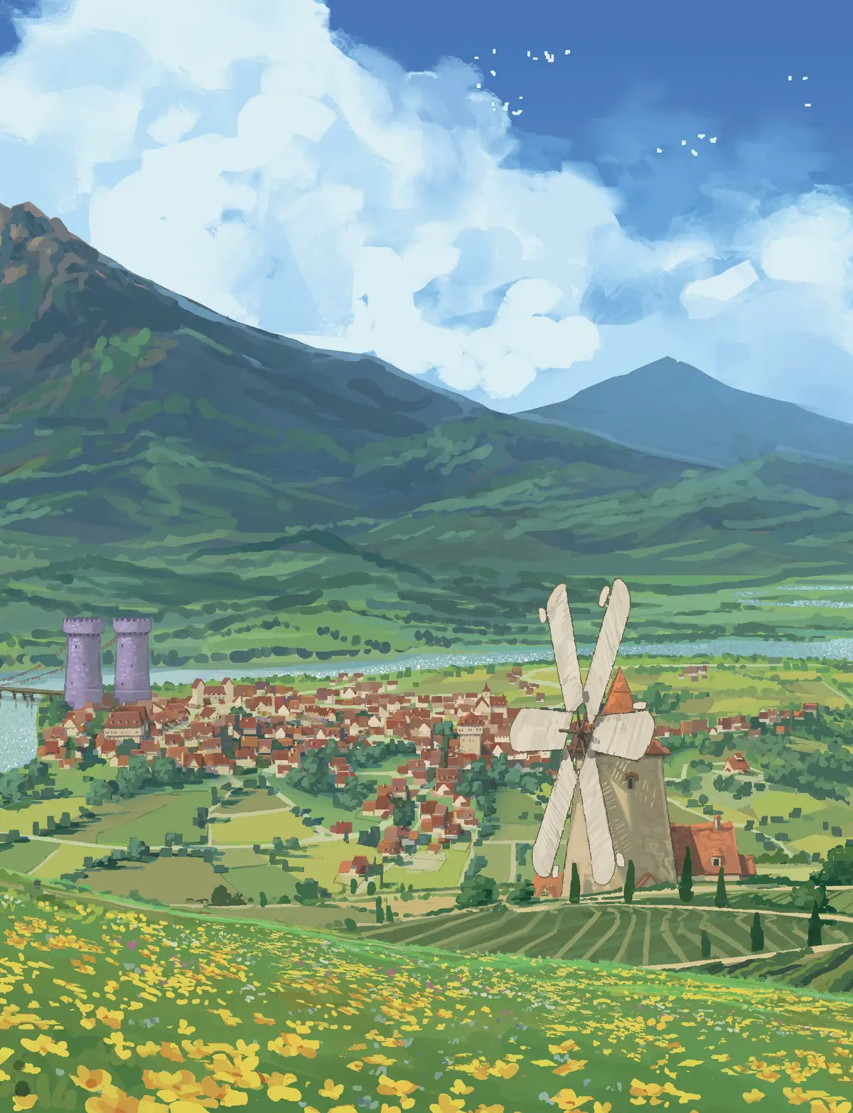 Copertina Variant del fumetto Dragon Village edito da Gigaciao. Illustrazione paesaggistica di un villaggio fantasy con un mulino a vento in primo piano, campi fioriti e montagne sullo sfondo.