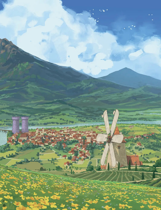 Copertina Variant del fumetto Dragon Village edito da Gigaciao. Illustrazione paesaggistica di un villaggio fantasy con un mulino a vento in primo piano, campi fioriti e montagne sullo sfondo.