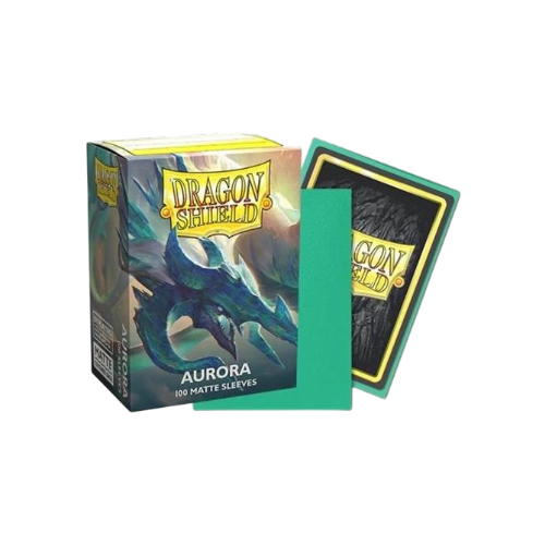 Scatola delle bustine protettive Dragon Shield Matte Aurora da 100 pezzi. Sulla confezione è illustrata la testa di un drago dai toni verde acqua e blu, affiancata da una bustina dello stesso colore.