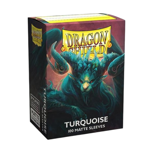 Scatola delle bustine protettive Dragon Shield Matte Turquoise da 100 pezzi. Sulla confezione è illustrata una maestosa creatura fantasy color turchese simile a un drago con grandi corna arcuate.