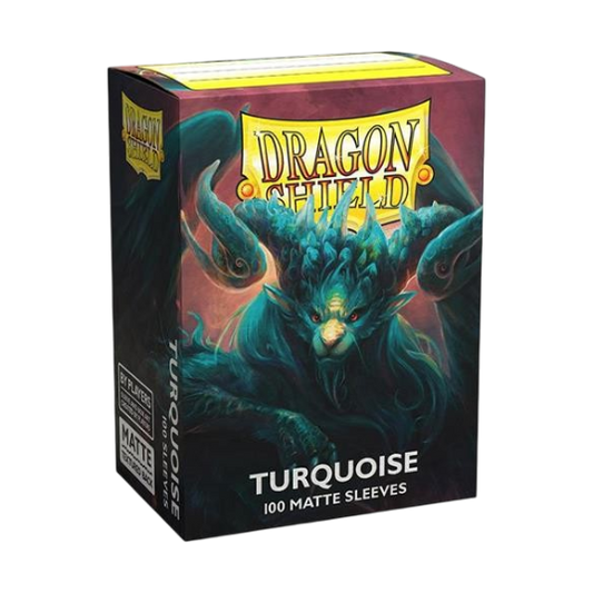 Scatola delle bustine protettive Dragon Shield Matte Turquoise da 100 pezzi. Sulla confezione è illustrata una maestosa creatura fantasy color turchese simile a un drago con grandi corna arcuate.